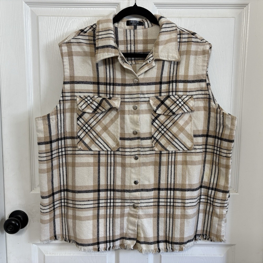 Jolie & Joy Plaid Flannel Vest Size 2X Beige Sleeveless Snap Button Frayed Hem - Picture 1 of 9